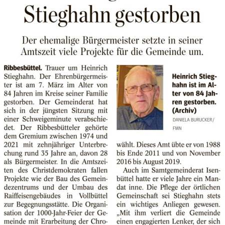 Ehrenbürgermeister Stieghahn gestorben